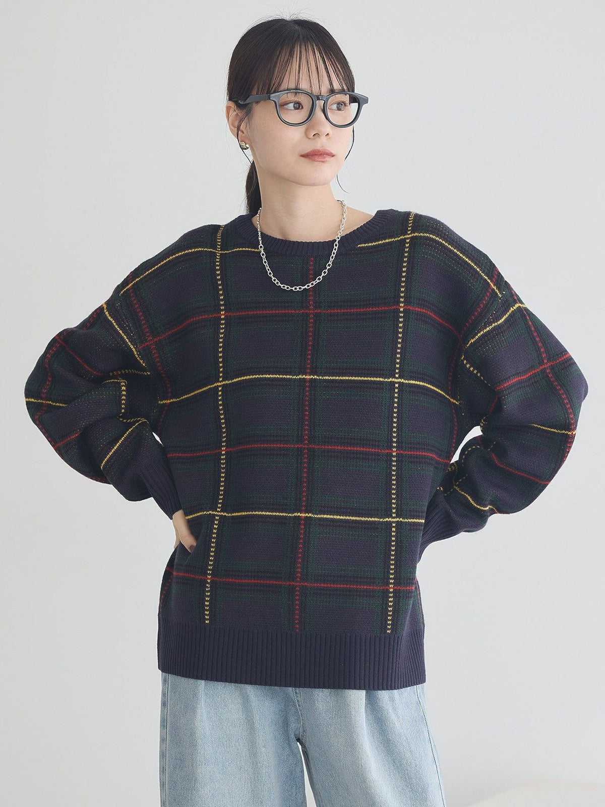 Bobo Tokyo Earth Music & Ecology Saori Check Jacquard Knit Pullover Check Brown Sweater Wanita