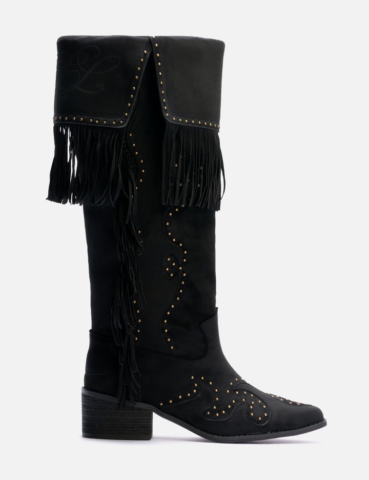 Studded Suede Fringe Boots Black