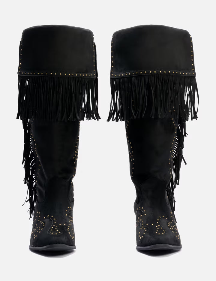 Studded Suede Fringe Boots Black
