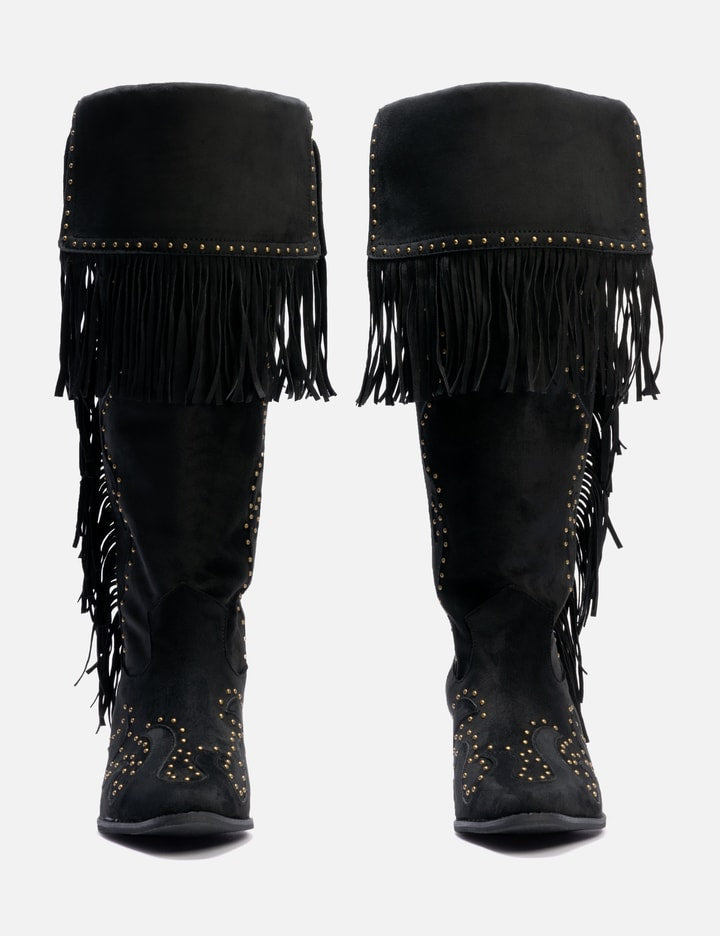 Studded Suede Fringe Boots Black