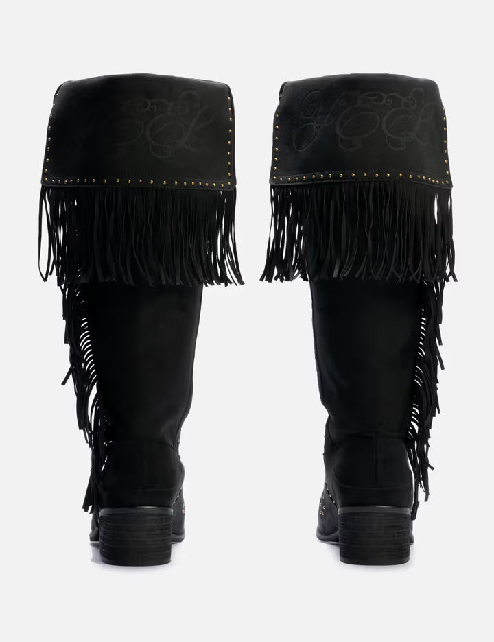 Studded Suede Fringe Boots Black