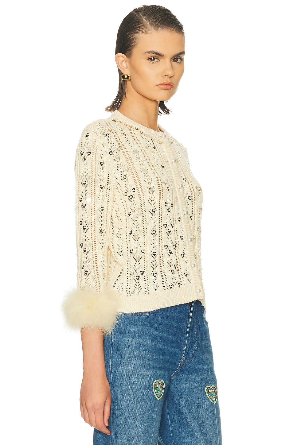 Embroidered Feather Cuff Cardigan