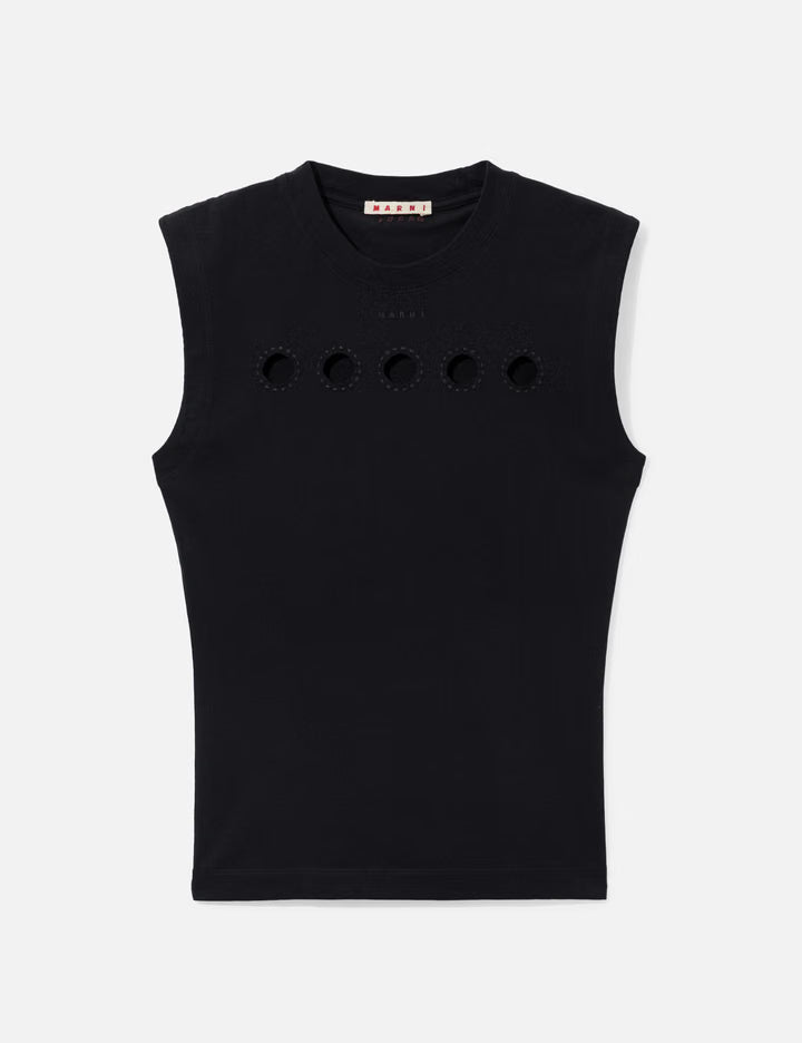 Cotton Sleeveless T-Shirt With Cut-Out Polka Dots