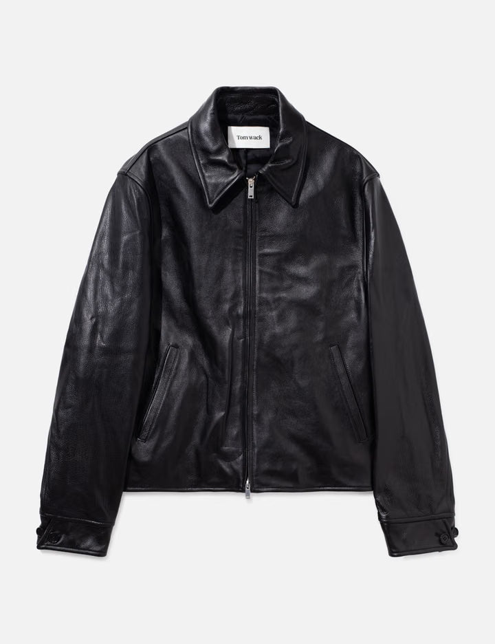 Cow Leather Buckle Zip Jacket