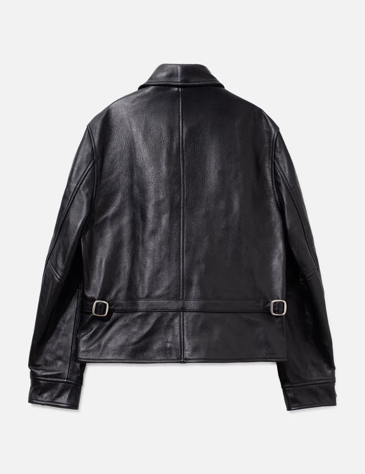 Cow Leather Buckle Zip Jacket