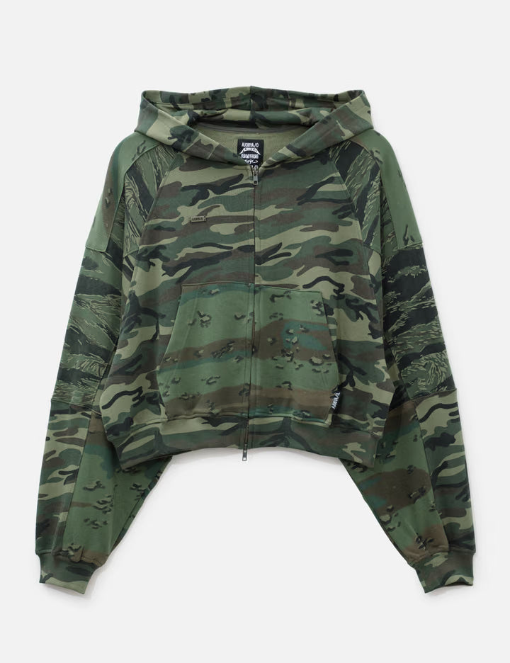Cropped Mixed Camo Zip-Up Hoodie