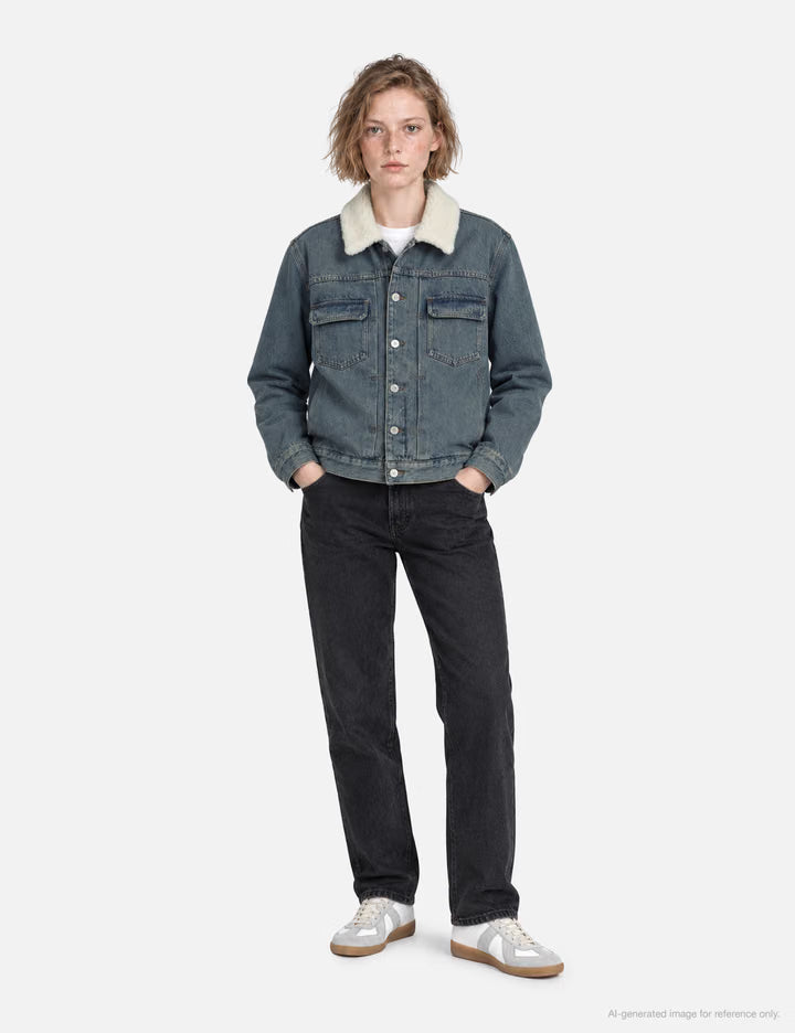 Faded Indigo Denim Jacket With Faux Shearling Collar