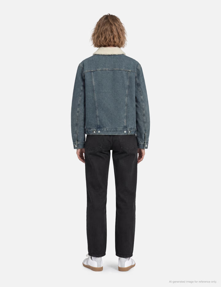 Faded Indigo Denim Jacket With Faux Shearling Collar
