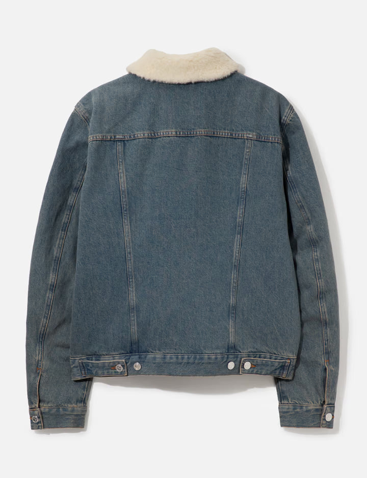 Faded Indigo Denim Jacket With Faux Shearling Collar