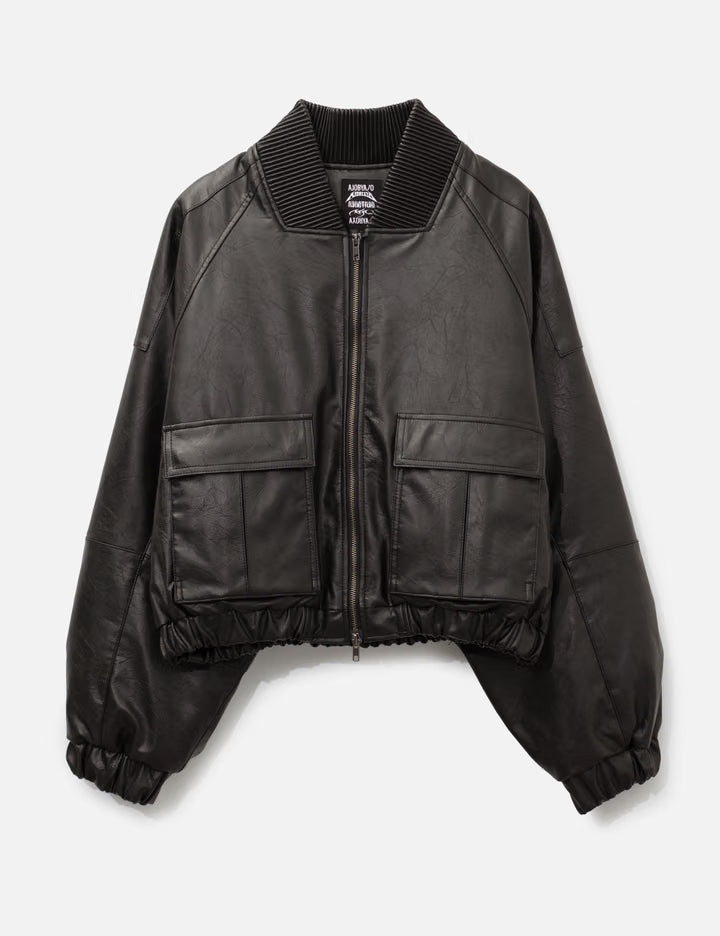 Faux Leather Ribbed Collar Blouson