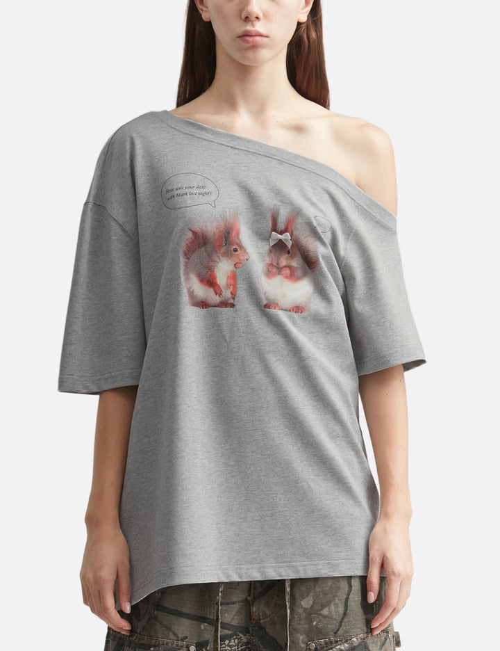 Gray Squirrel Printed One-Shoulder Short Sleeve T-Shirt
