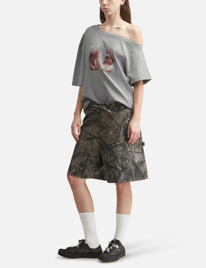 Gray Squirrel Printed One-Shoulder Short Sleeve T-Shirt