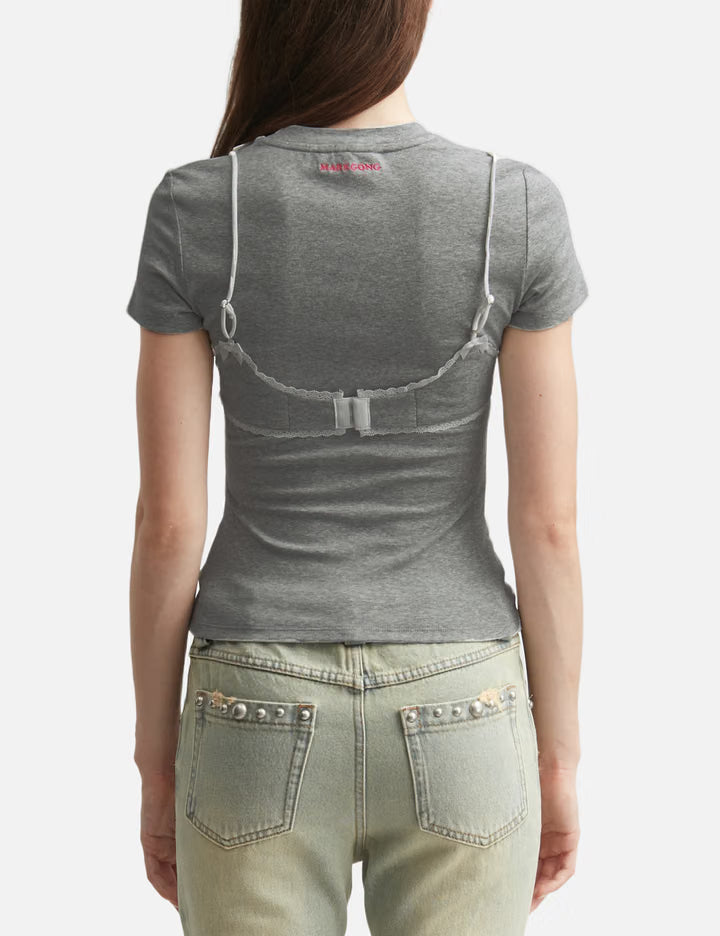 Grey Lace-Trim Bralette Detail T-Shirt