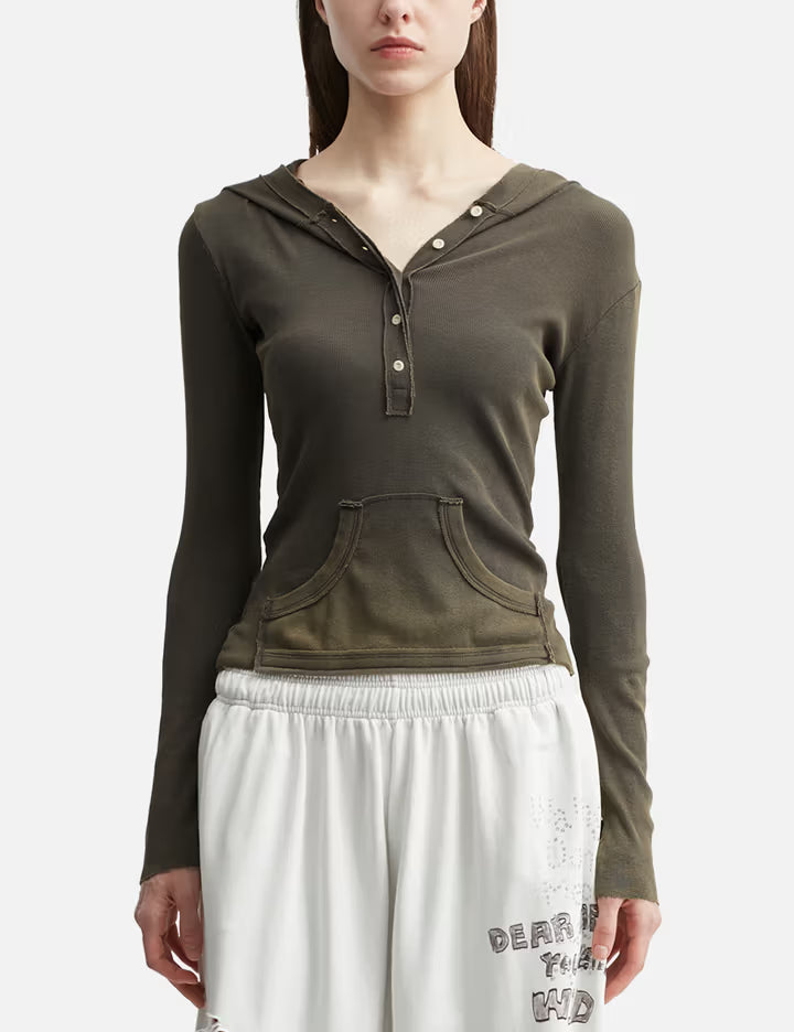 Button-Front Washed Hoodie