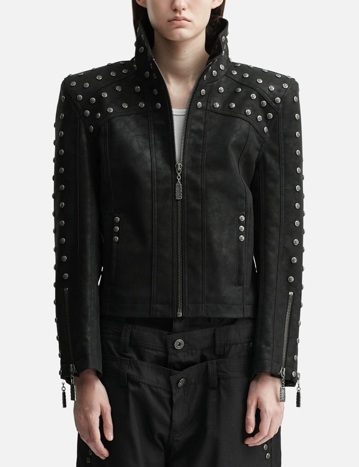 Chan Studded PU Leather Jacket with Shoulder Pads