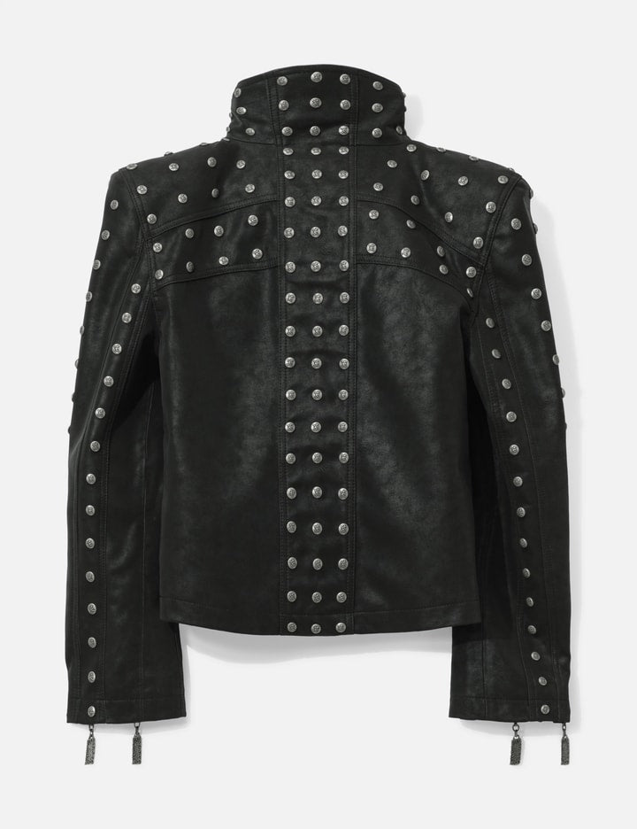Chan Studded PU Leather Jacket with Shoulder Pads