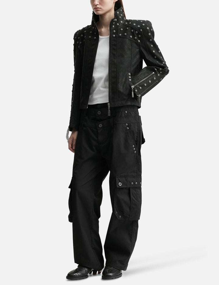 Chan Studded PU Leather Jacket with Shoulder Pads