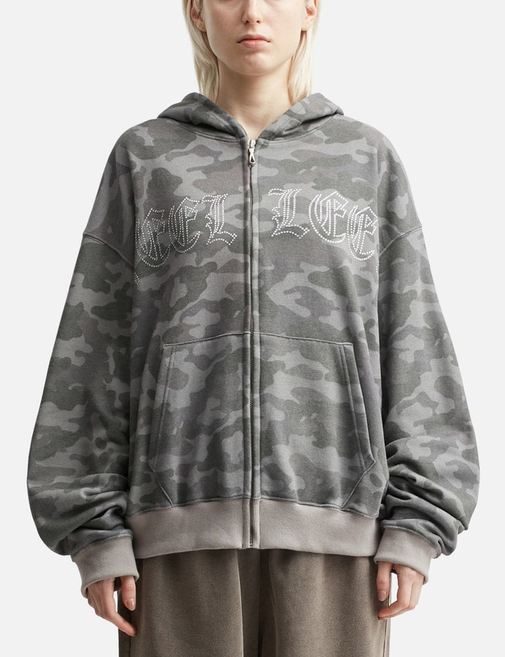 Studded Zip-up Hoodie Oversized Camo
