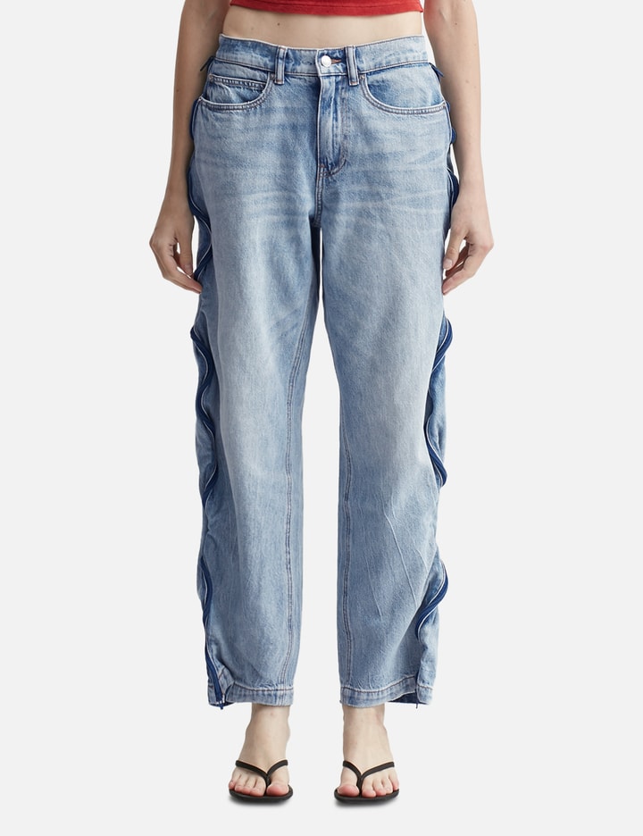 Bleach Blue Denim And Mesh Zipper Pants