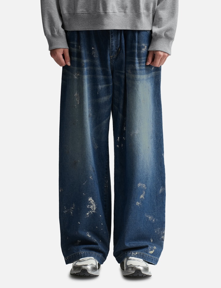 SILVER PRINT VINTAGE WASH SELVEDGE DENIM WIDE PANTS