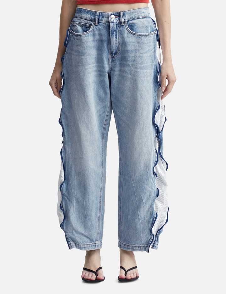 Bleach Blue Denim And Mesh Zipper Pants