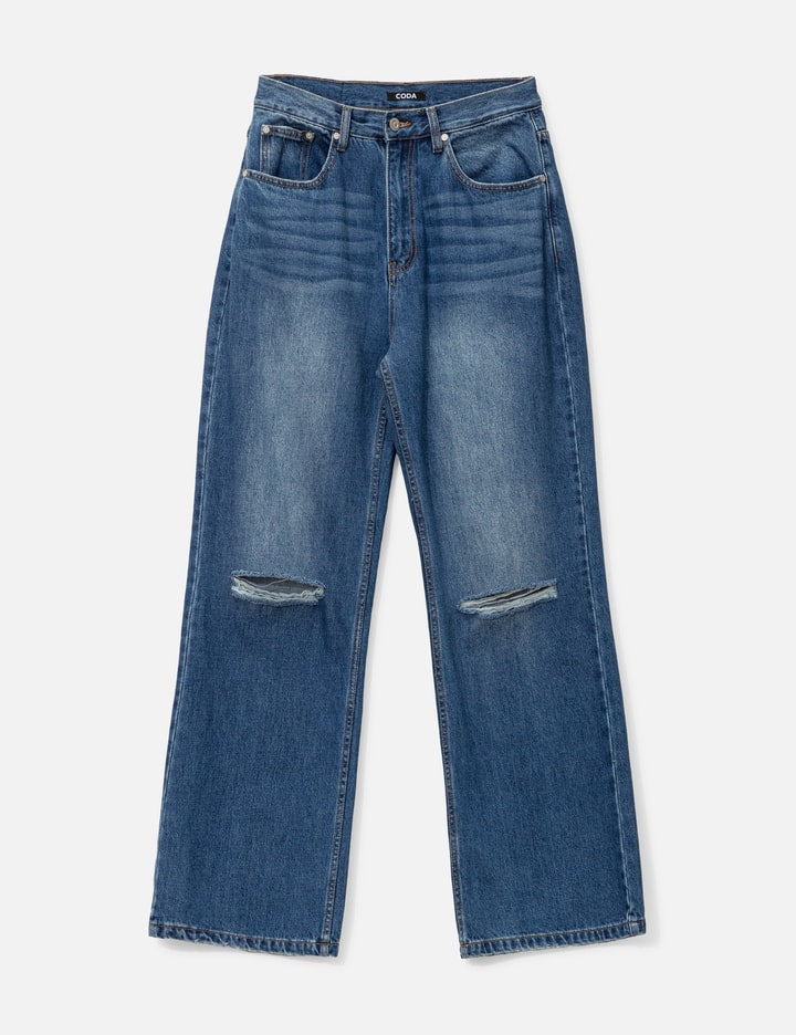 Indigo Washed Destroyed Break Cut Flared Jeans