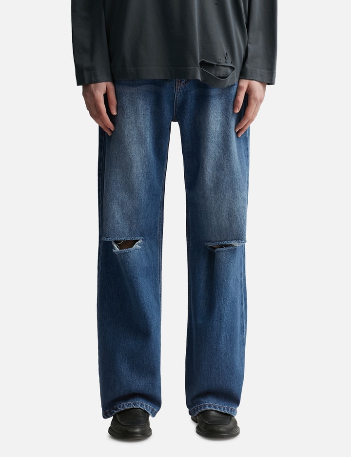 Indigo Washed Destroyed Break Cut Flared Jeans