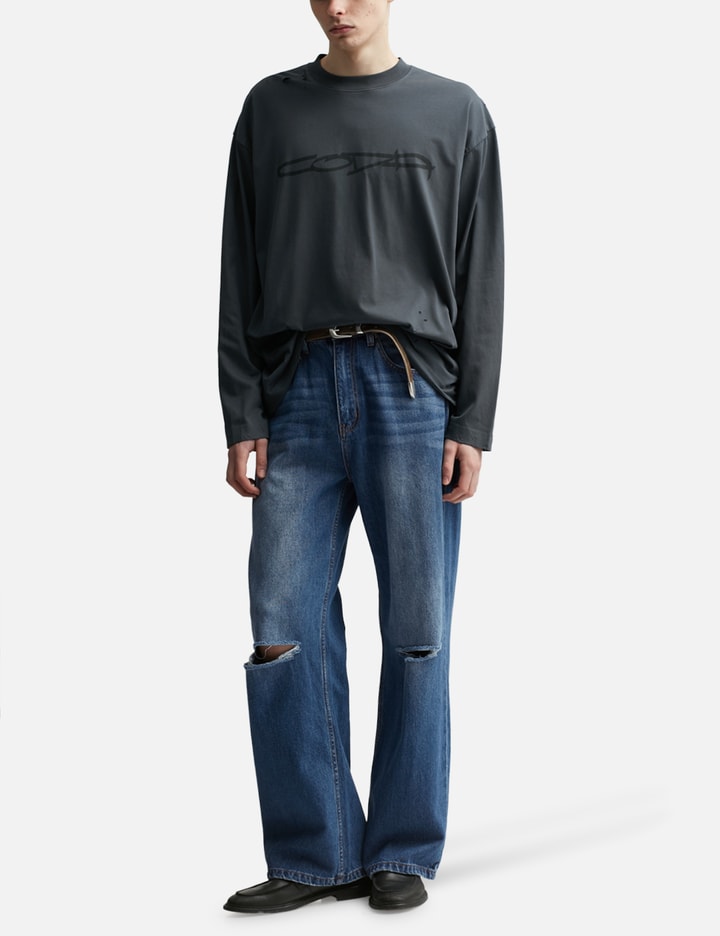 Indigo Washed Destroyed Break Cut Flared Jeans