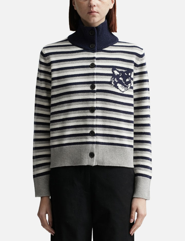 Fox Head Intarsia Striped High Neck Cardigan