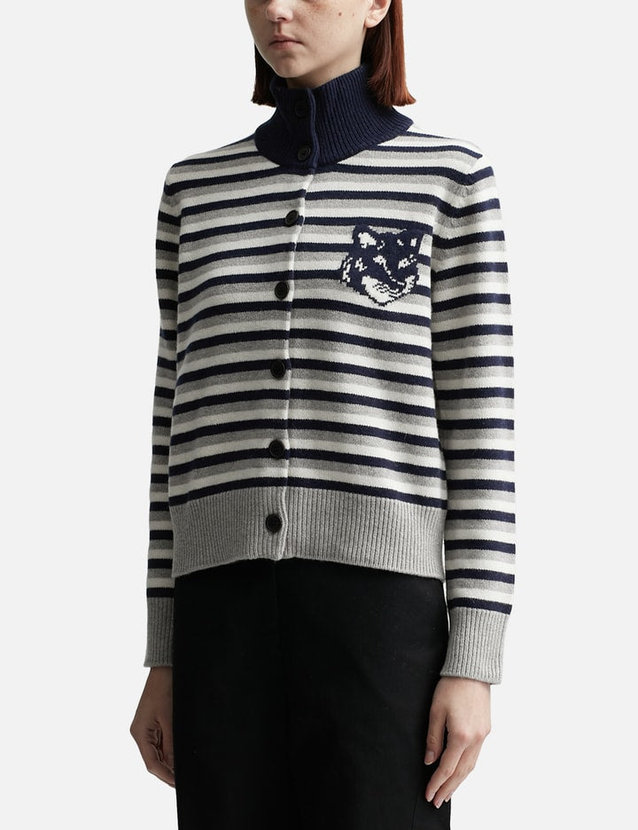 Fox Head Intarsia Striped High Neck Cardigan