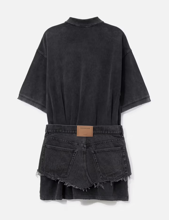 Layered Polo Mini Dress With Reconstructed Denim Skirt