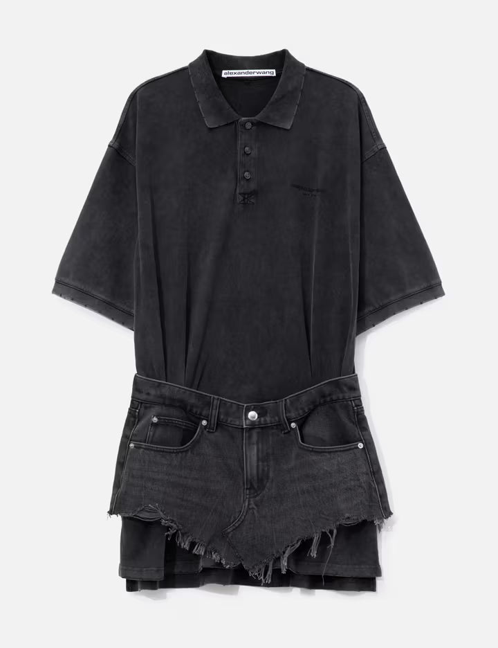 Layered Polo Mini Dress With Reconstructed Denim Skirt