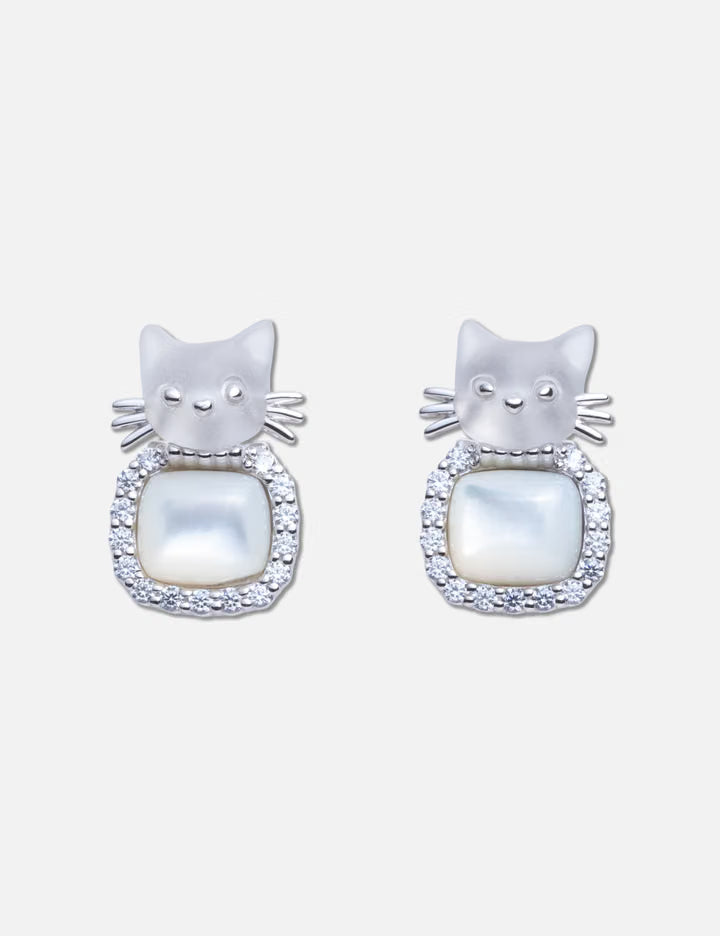 Mini Cat Head Mother-Of-Pearl Gem Stud Earrings