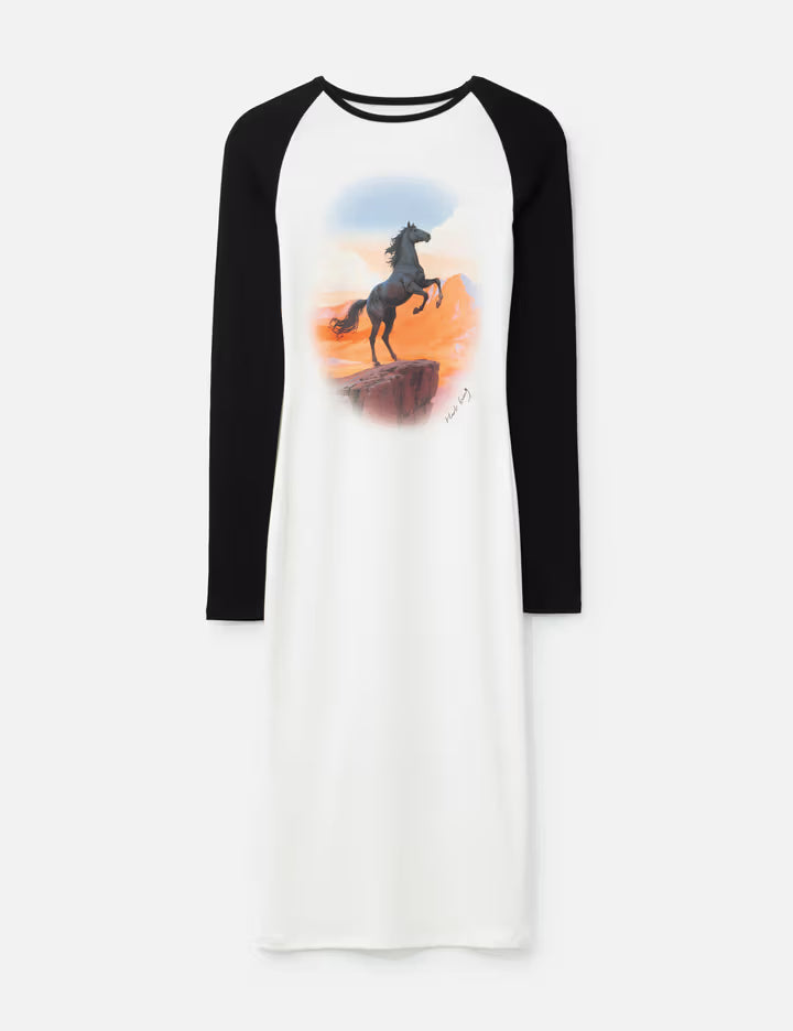 Raglan Sleeve Midi Dress With Retro Print