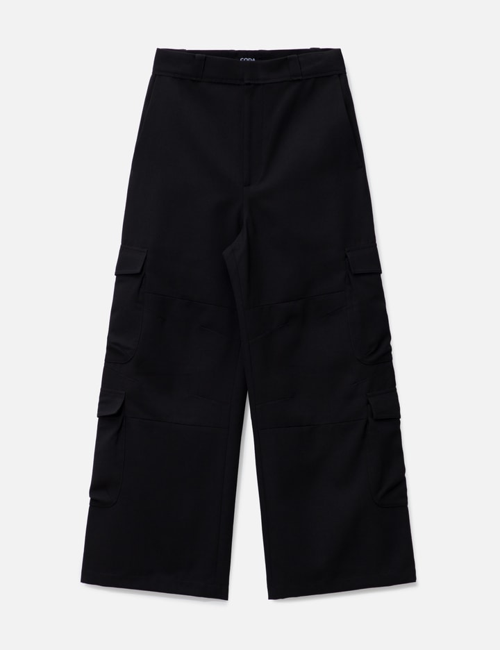 Black Heavy Weight Wool Poly Flared Cut Cargo Pants