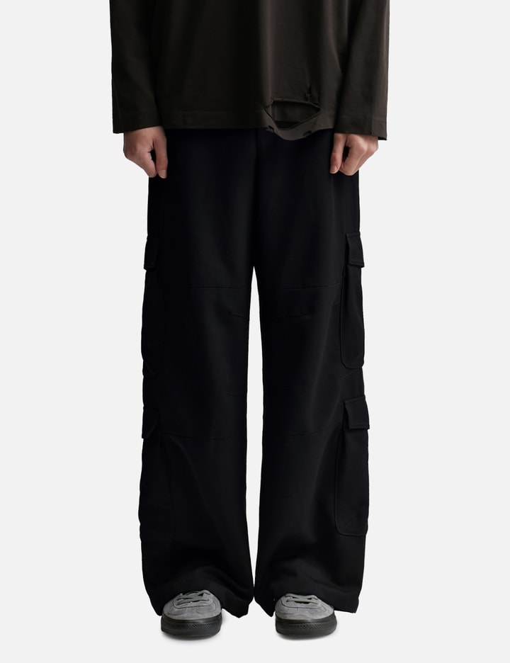 Black Heavy Weight Wool Poly Flared Cut Cargo Pants