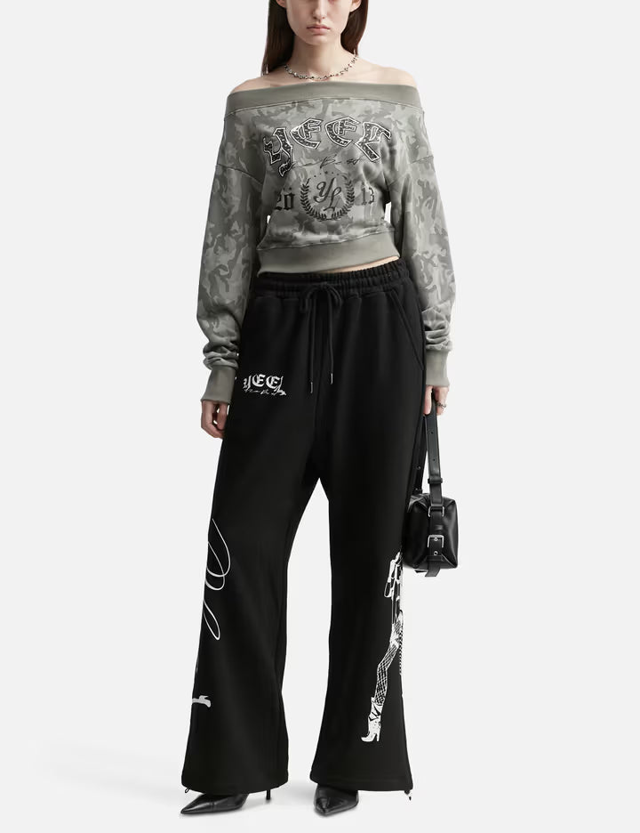 Cowgirl Print Wide Sweatpants Black