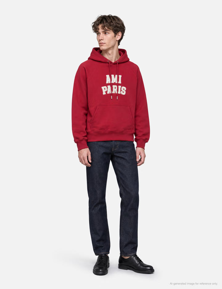 Red Cotton Hoodie With Ami Paris Embroidery