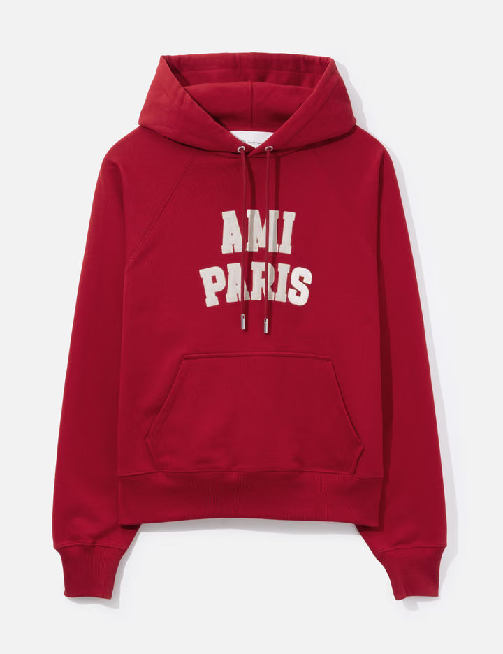 Red Cotton Hoodie With Ami Paris Embroidery