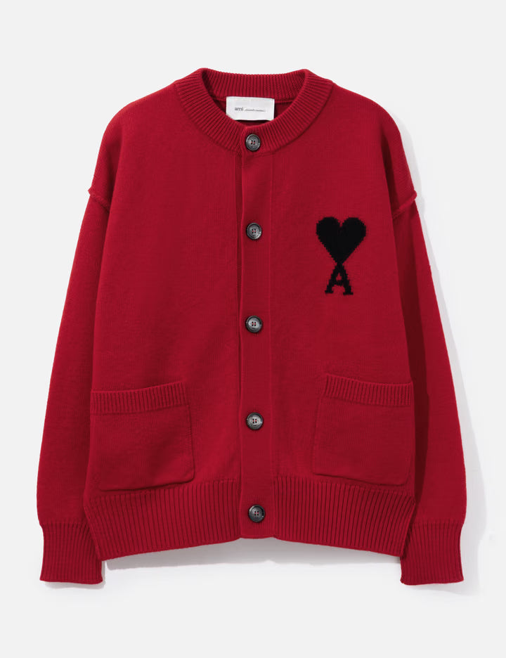 Red Crewneck Wool Cardigan With Ami De Coeur