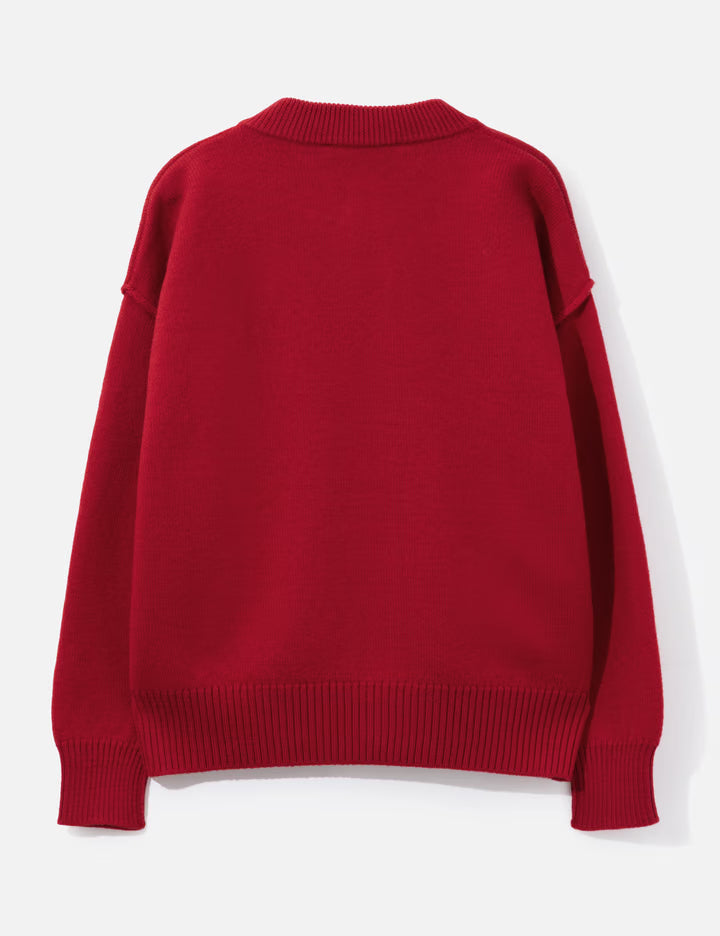 Red Crewneck Wool Cardigan With Ami De Coeur