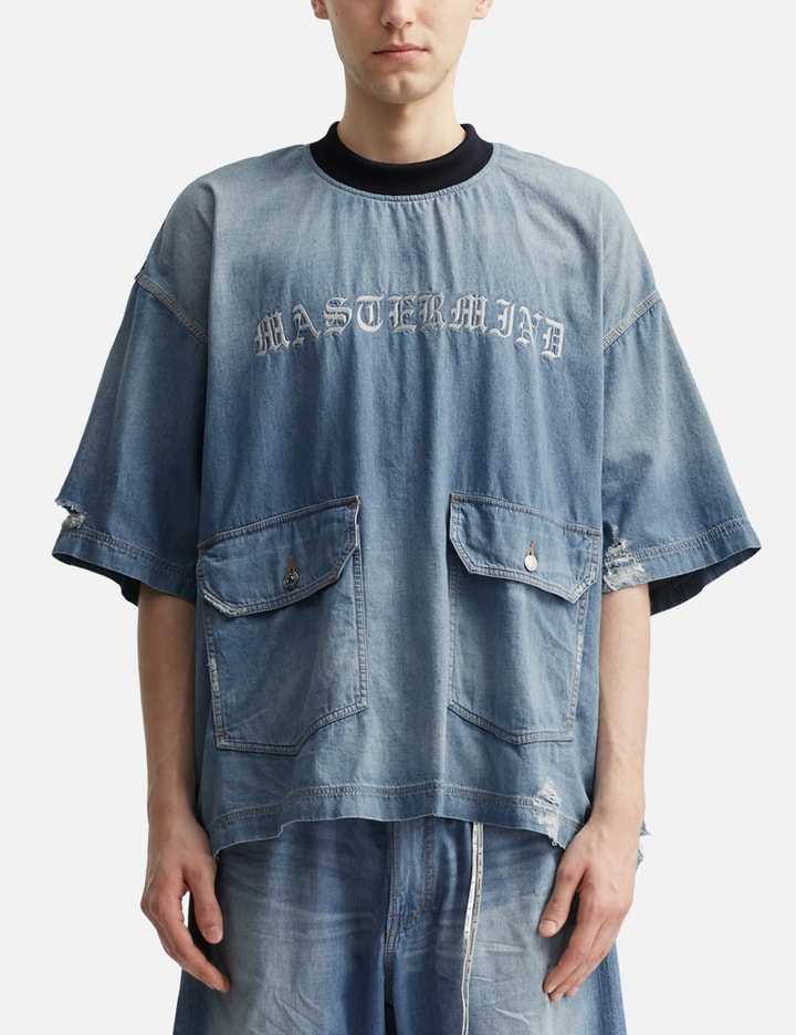 Distressed Short Sleeve Pullover Denim Shirt