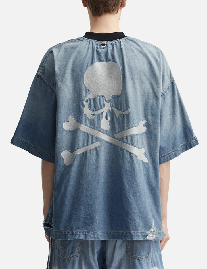 Distressed Short Sleeve Pullover Denim Shirt