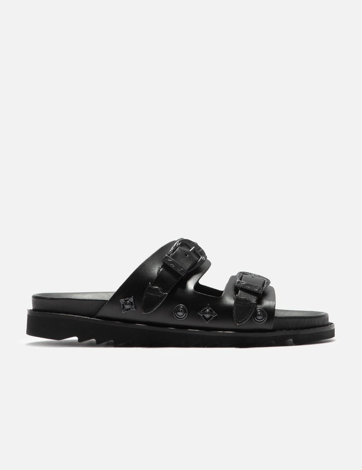 BLACK LEATHER GUNMETAL HARDWARE SANDAL