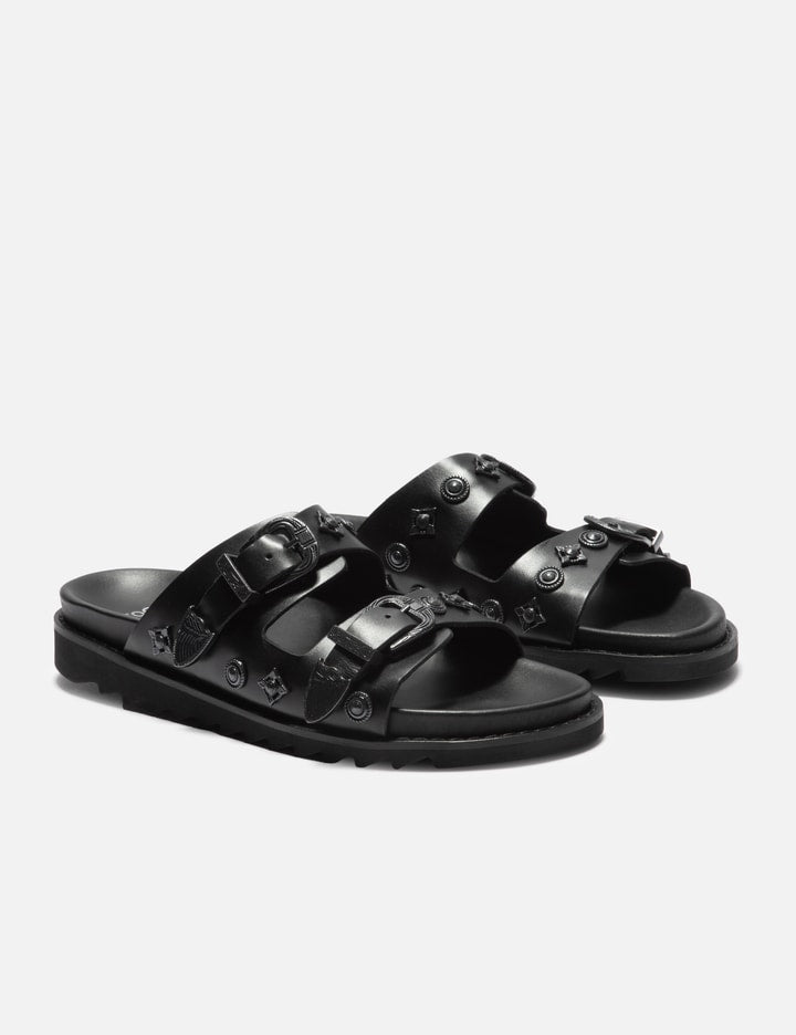 BLACK LEATHER GUNMETAL HARDWARE SANDAL