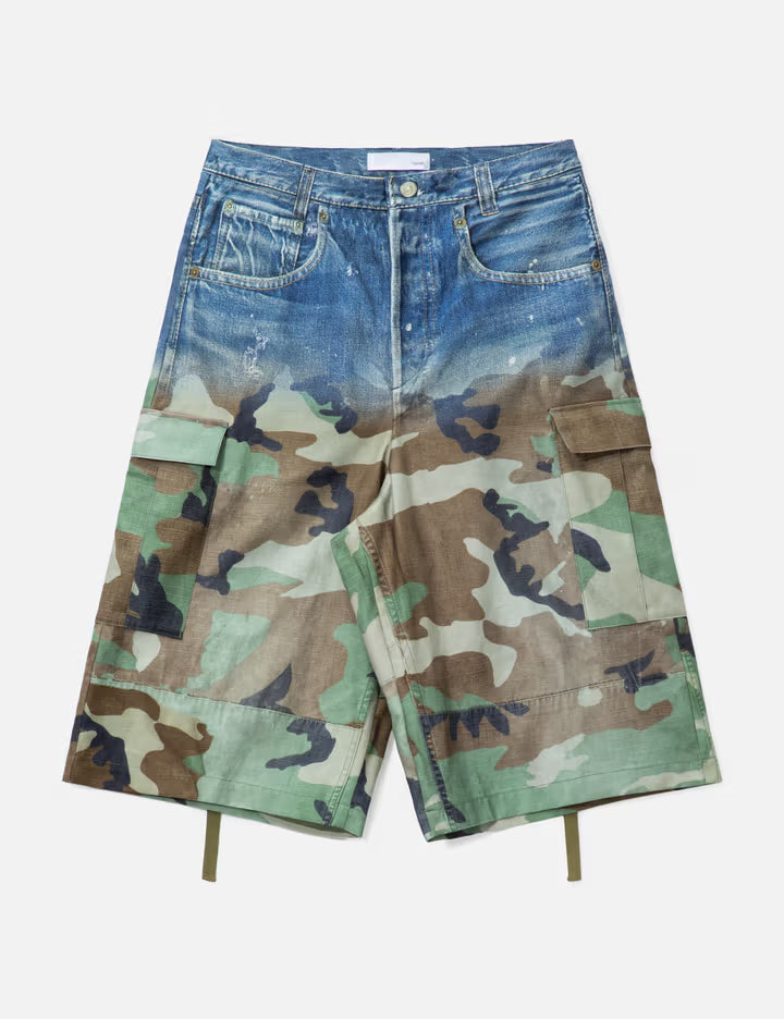 Gradation Printed Denim Cargo Shorts