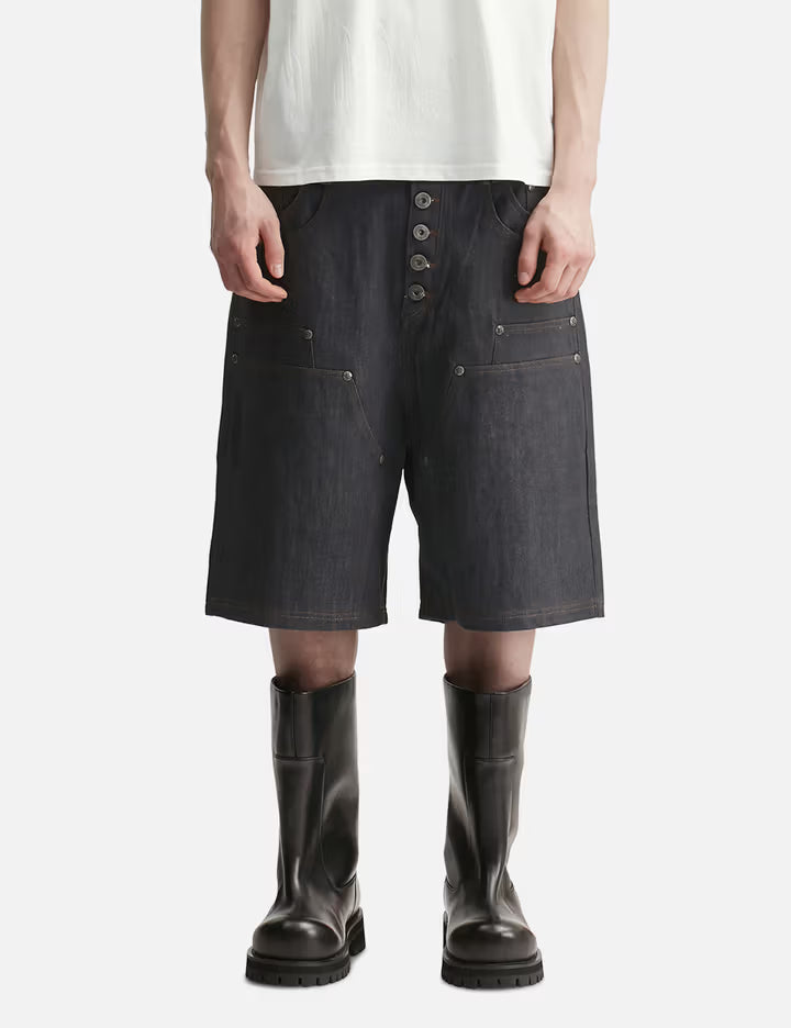 "Rexel" Waxed Double Knee Work Jorts In Japanese Raw Blue Denim