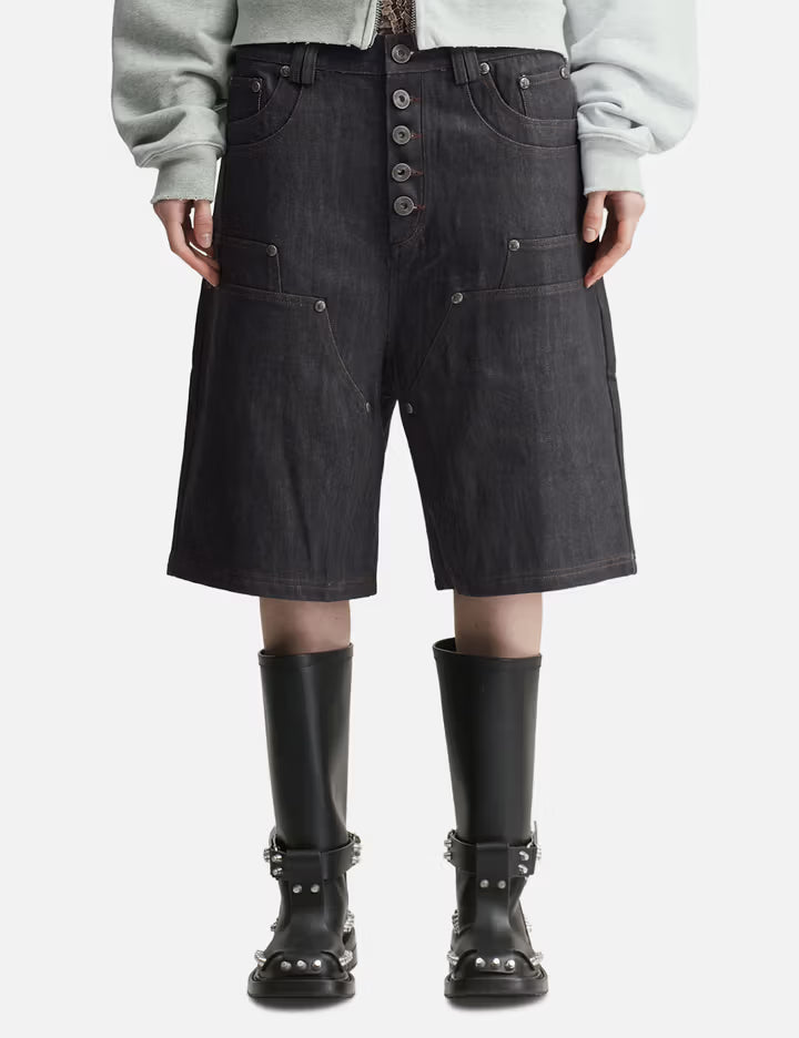 "Rexel" Waxed Double Knee Work Jorts In Japanese Raw Blue Denim
