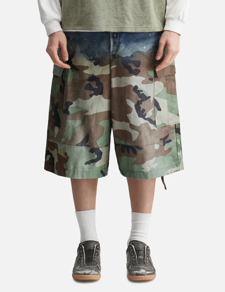 Gradation Printed Denim Cargo Shorts