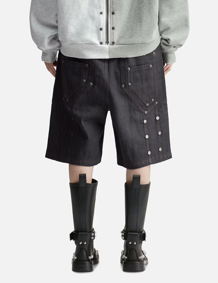 "Rexel" Waxed Double Knee Work Jorts In Japanese Raw Blue Denim